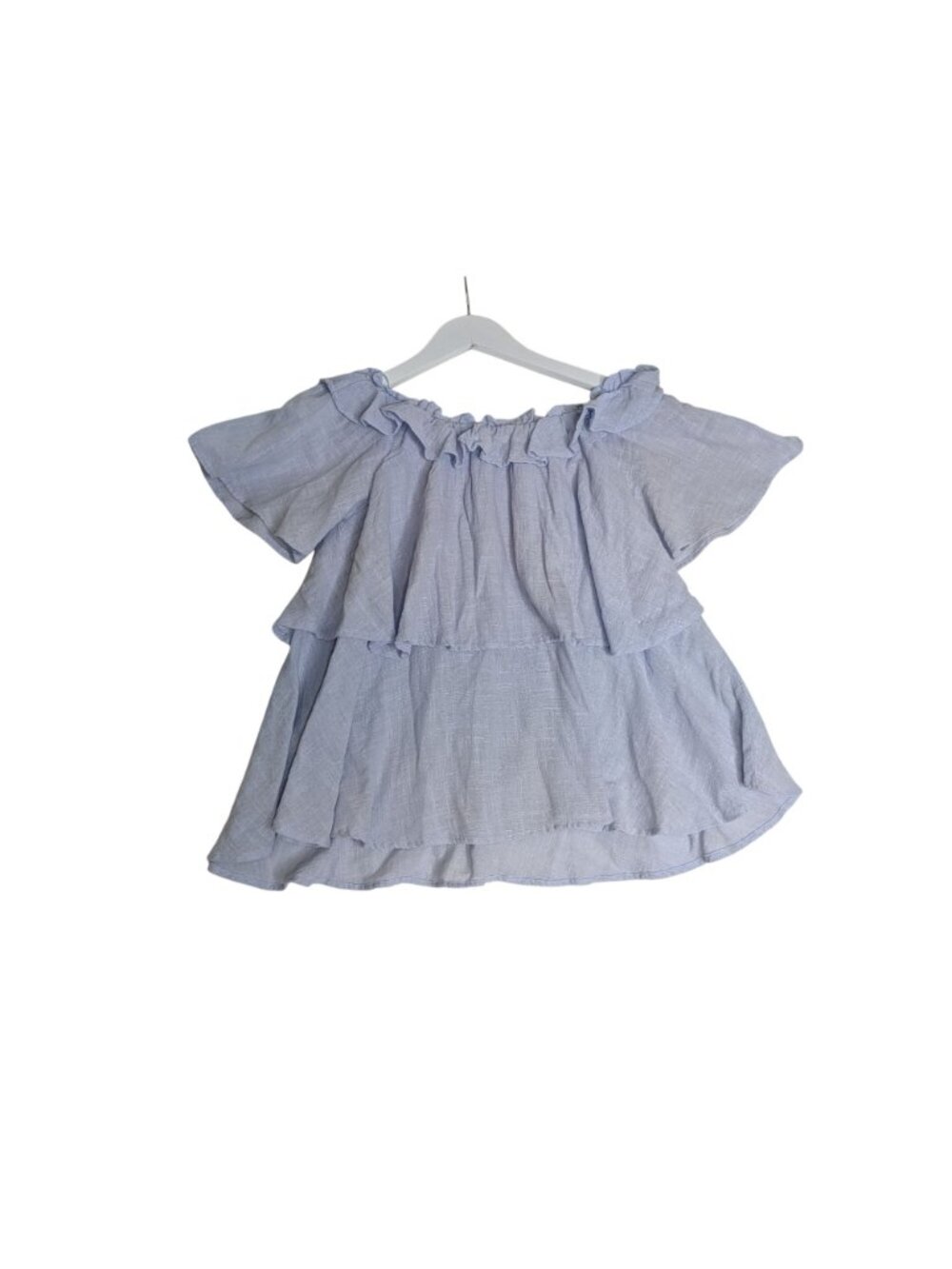 Baby Blue Ruffled Off-Shoulder Zara Layered Blouse Gauzy Cotton Womens M - Picture 2 of 11